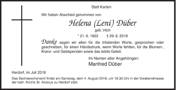 Traueranzeige von Helena Düber von Siegener Zeitung