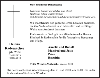 Traueranzeige von Helena Rademacher von Siegener Zeitung