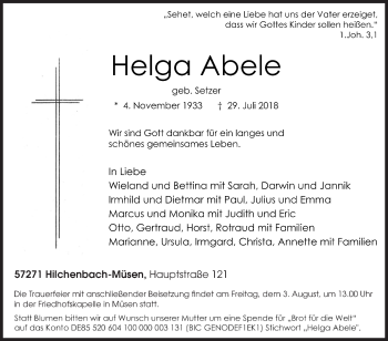 Traueranzeige von Helga Abele von Siegener Zeitung