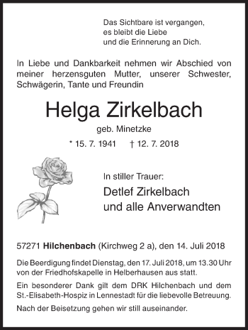 Traueranzeige von Helga Zirkelbach von Siegener Zeitung