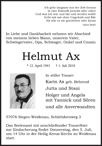 Traueranzeige von Helmut Ax von Siegener Zeitung