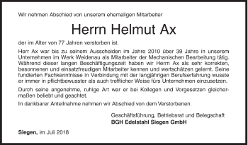 Traueranzeige von Helmut Ax von Siegener Zeitung