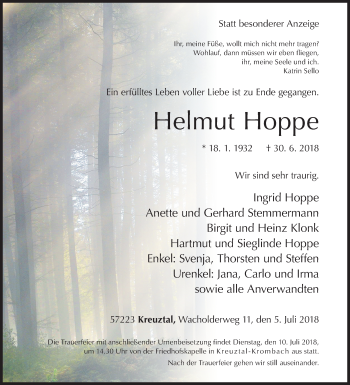 Traueranzeige von Helmut Hoppe von Siegener Zeitung