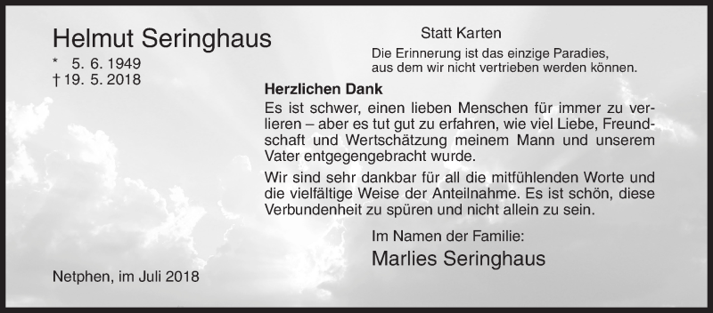  Traueranzeige für Helmut Seringhaus vom 07.07.2018 aus Siegener Zeitung