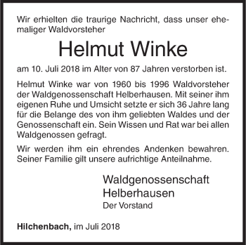 Traueranzeige von Helmut Winke von Siegener Zeitung