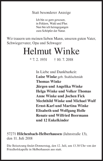 Traueranzeige von Helmut Winke von Siegener Zeitung