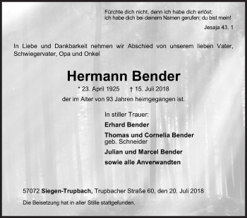 Traueranzeige von Hermann Bender von Siegener Zeitung