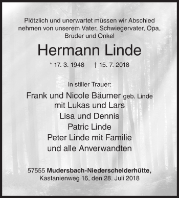 Traueranzeige von Hermann Linde von Siegener Zeitung