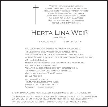 Traueranzeige von Herta Lina Weiß von Siegener Zeitung