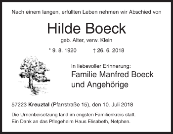 Traueranzeige von Hilde Boeck von Siegener Zeitung