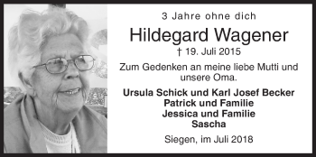 Traueranzeige von Hildegard Wagener von Siegener Zeitung