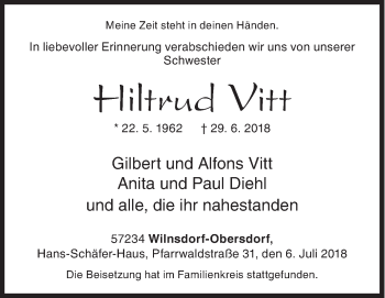 Traueranzeige von Hiltrud Vitt von Siegener Zeitung