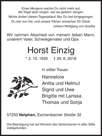 Traueranzeige von Horst Einzig von Siegener Zeitung