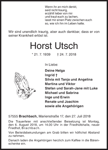 Traueranzeige von Horst Utsch von Siegener Zeitung