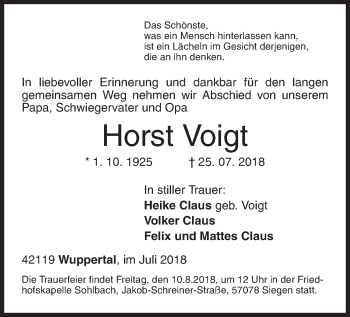Traueranzeige von Horst Voigt von Siegener Zeitung