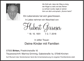 Traueranzeige von Hubert Girreser von Siegener Zeitung