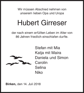 Traueranzeige von Hubert Girreser von Siegener Zeitung