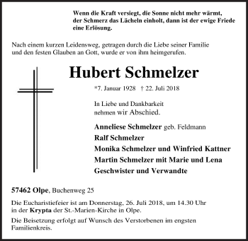 Traueranzeige von Hubert Schmelzer von Siegener Zeitung
