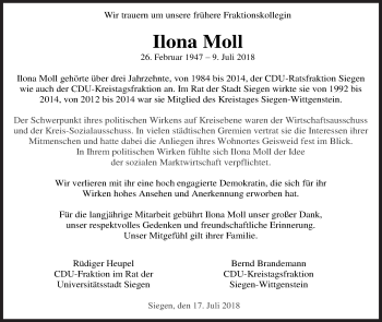 Traueranzeige von Ilona Moll von Siegener Zeitung