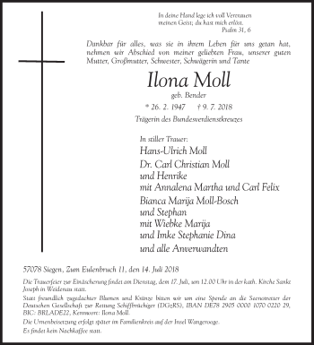 Traueranzeige von Ilona Moll von Siegener Zeitung