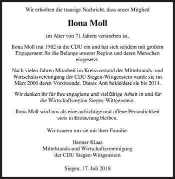 Traueranzeige von Ilona Moll von Siegener Zeitung