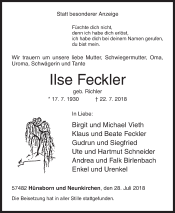 Traueranzeige von Ilse Feckler von Siegener Zeitung
