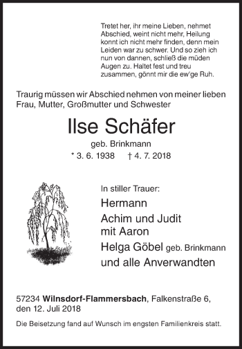 Traueranzeige von Ilse Schäfer von Siegener Zeitung