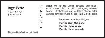 Traueranzeige von Inge Betz von Siegener Zeitung