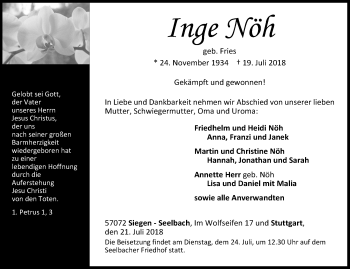 Traueranzeige von Inge Nöh von Siegener Zeitung