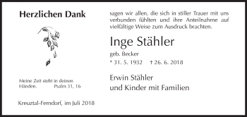 Traueranzeige von Inge Stähler von Siegener Zeitung