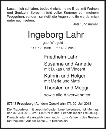 Traueranzeige von Ingeborg Lahr von Siegener Zeitung