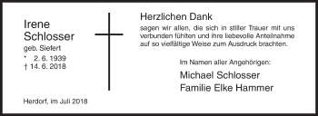 Traueranzeige von Irene Schlosser von Siegener Zeitung