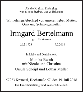 Traueranzeige von Irmgard Bertelmann von Siegener Zeitung