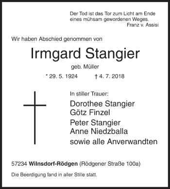 Traueranzeige von Irmgard Stangier von Siegener Zeitung