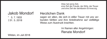 Traueranzeige von Jakob Mondorf von Siegener Zeitung