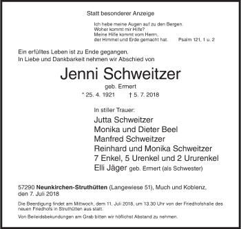 Traueranzeige von Jenni Schweitzer von Siegener Zeitung