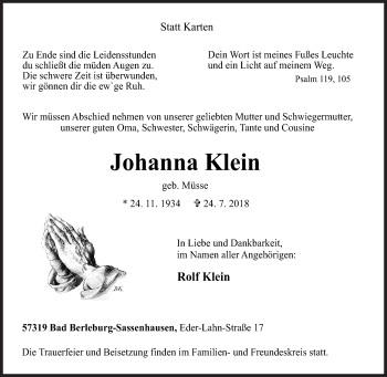 Traueranzeige von Johanna Klein von Siegener Zeitung