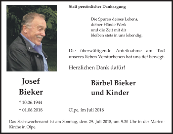 Traueranzeige von Josef Bieker von Siegener Zeitung