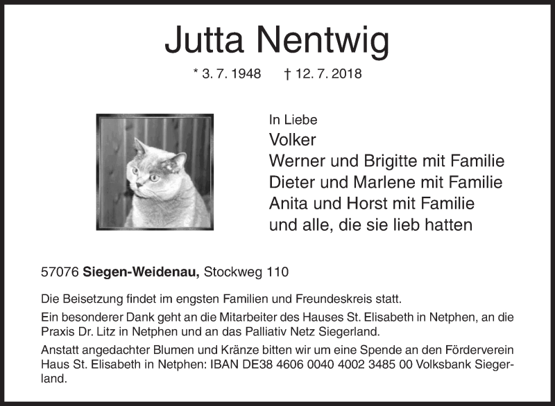  Traueranzeige für Jutta Nentwig vom 14.07.2018 aus Siegener Zeitung