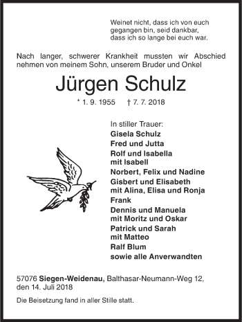 Traueranzeige von Jürgen Schulz von Siegener Zeitung