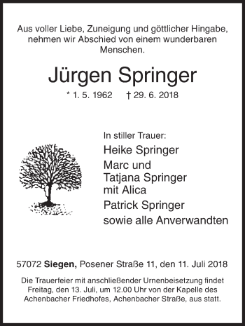 Traueranzeige von Jürgen Springer von Siegener Zeitung