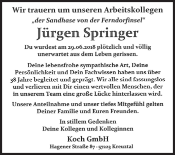 Traueranzeige von Jürgen Springer von Siegener Zeitung