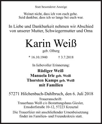 Traueranzeige von Karin Weiß von Siegener Zeitung