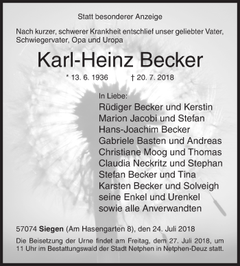 Traueranzeige von Karl-Heinz Becker von Siegener Zeitung