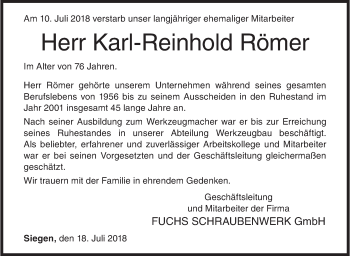 Traueranzeige von Karl-Reinhold Römer von Siegener Zeitung