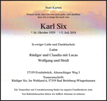 Traueranzeige von Karl Six von Siegener Zeitung