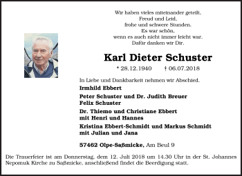 Traueranzeige von Karl Dieter Schuster von Siegener Zeitung