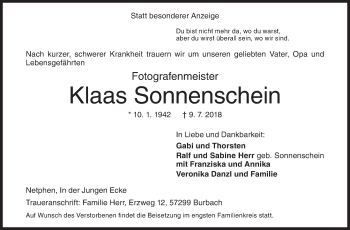 Traueranzeige von Klaas Sonnenschein von Siegener Zeitung