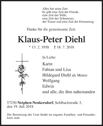 Traueranzeige von Klaus-Peter Diehl von Siegener Zeitung