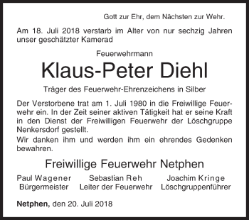 Traueranzeige von Klaus-Peter Diehl von Siegener Zeitung